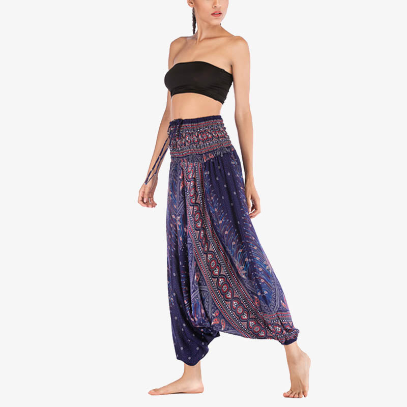 Foviel Two Style Wear Feathers Geometric Pattern Loose Smocked Trousers Jumpsuit Women's Yoga Pants