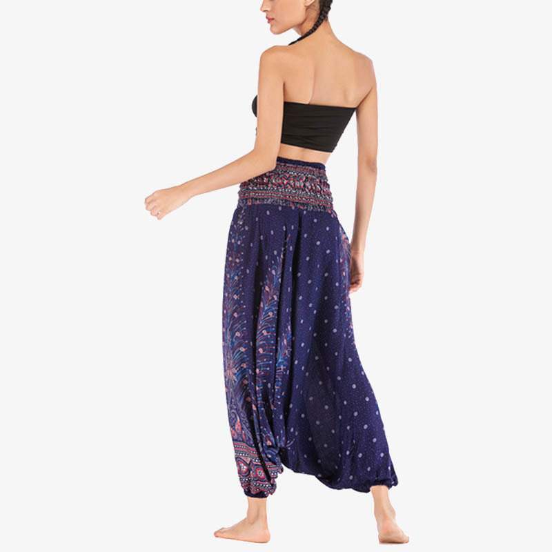 Foviel Two Style Wear Feathers Geometric Pattern Loose Smocked Trousers Jumpsuit Women's Yoga Pants