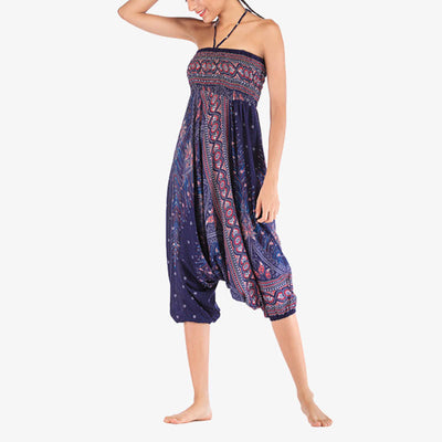 Foviel Two Style Wear Feathers Geometric Pattern Loose Smocked Trousers Jumpsuit Women's Yoga Pants