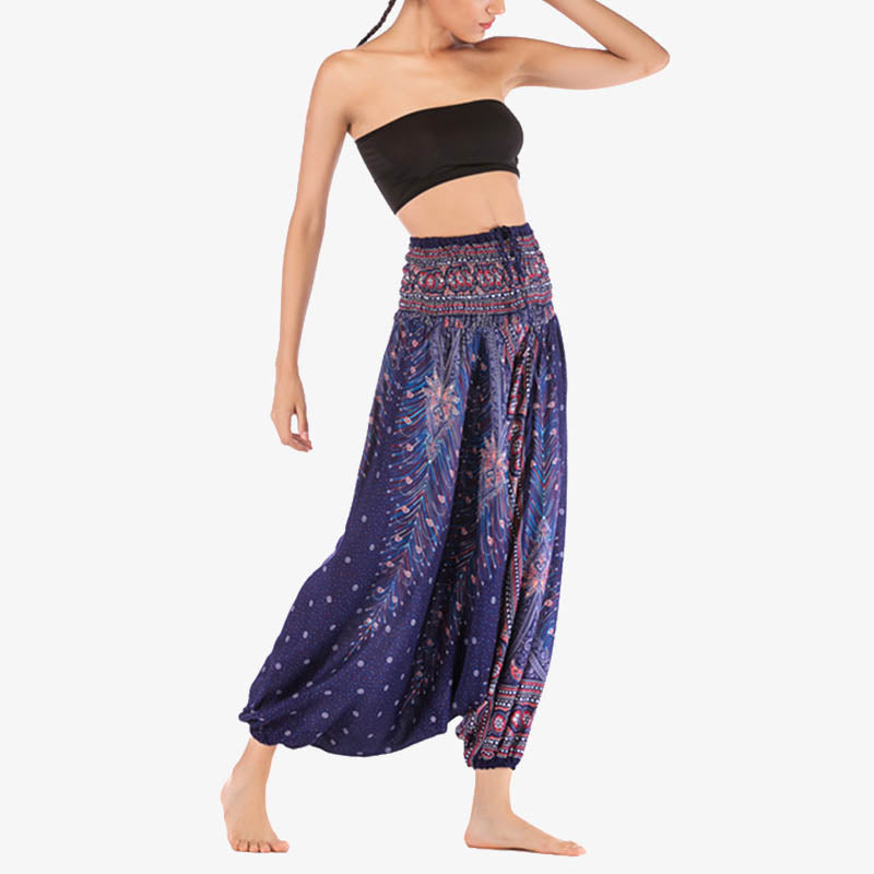 Foviel Two Style Wear Feathers Geometric Pattern Loose Smocked Trousers Jumpsuit Women's Yoga Pants