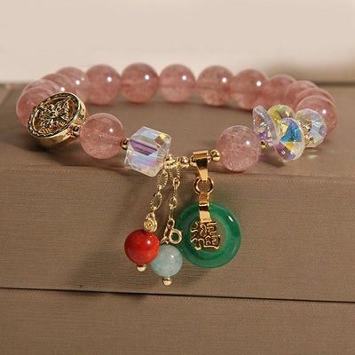 Foviel Erdbeerquarz Jade Fu Charakter Charm Heilendes Armband