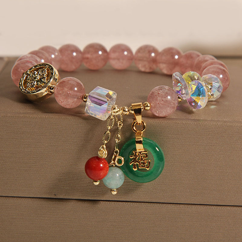 Foviel Strawberry Quartz Jade Fu Character Charm Healing Bracelet