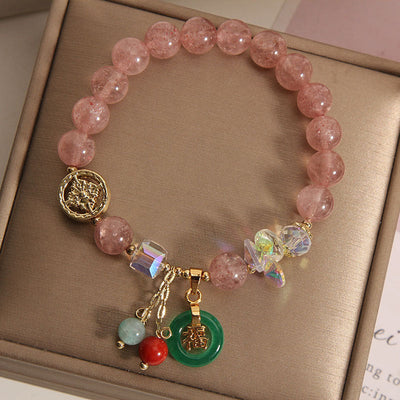 Foviel Erdbeerquarz Jade Fu Charakter Charm Heilendes Armband
