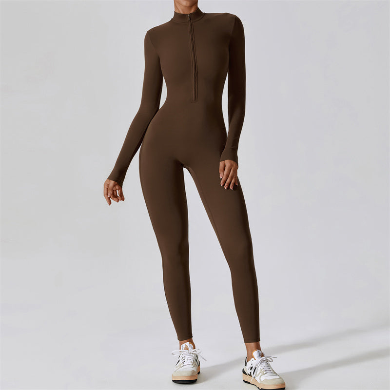 Foviel Women Zipper Long Sleeve Shapewear Jumpsuit Sports Fitness Yoga Bodysuit
