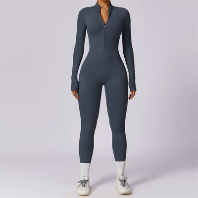 Combinaison moulante de sport Foviel pour femme, à manches longues et fermeture éclair, idéale pour le yoga et le fitness