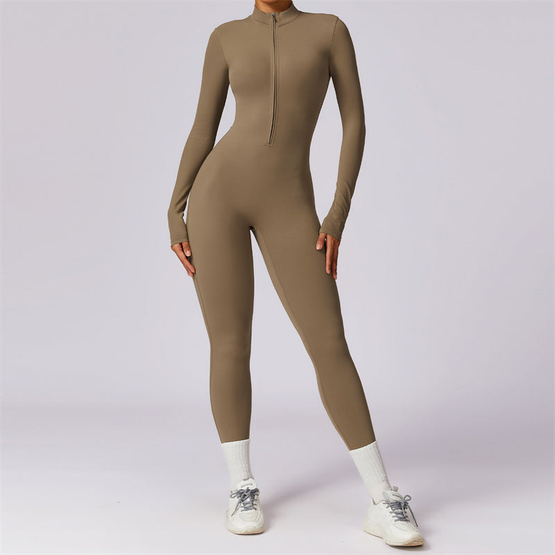Combinaison moulante de sport Foviel pour femme, à manches longues et fermeture éclair, idéale pour le yoga et le fitness
