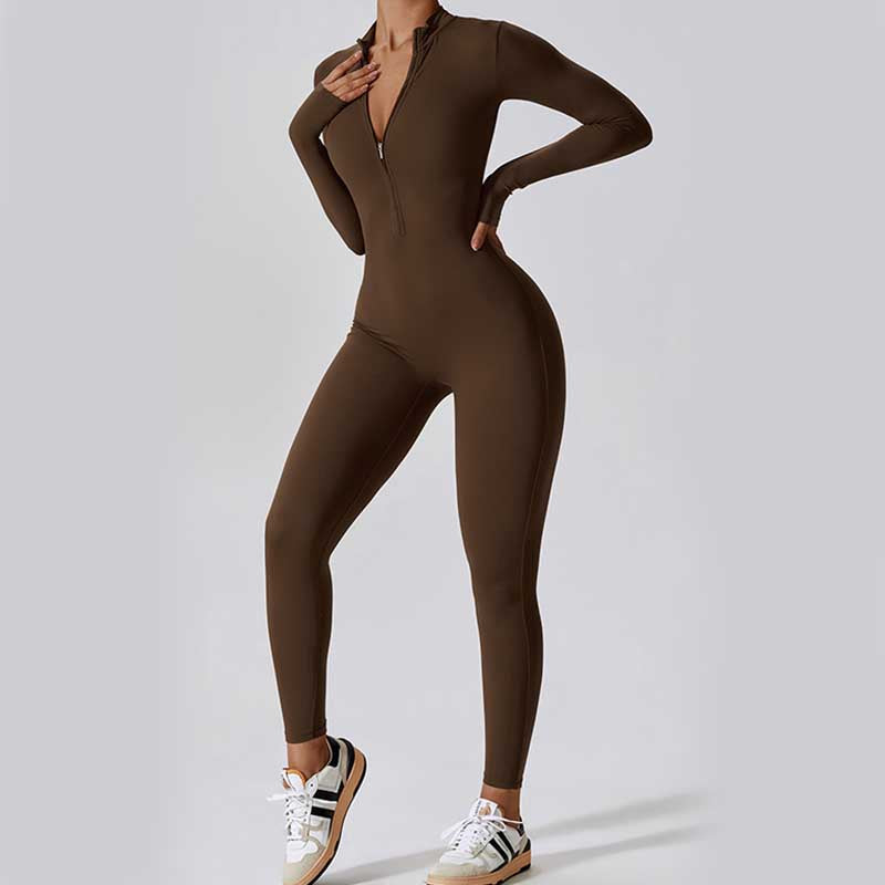 Foviel Women Zipper Long Sleeve Shapewear Jumpsuit Sports Fitness Yoga Bodysuit