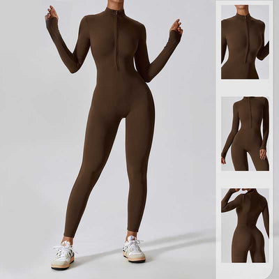 Combinaison moulante de sport Foviel pour femme, à manches longues et fermeture éclair, idéale pour le yoga et le fitness