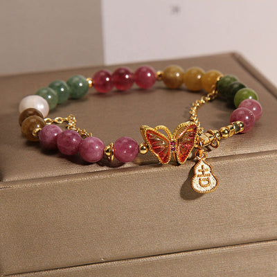 Buddha Stones Natural Colorful Tourmaline Butterfly Auspicious Character Gourd Charm Positive Bracelet - image 3