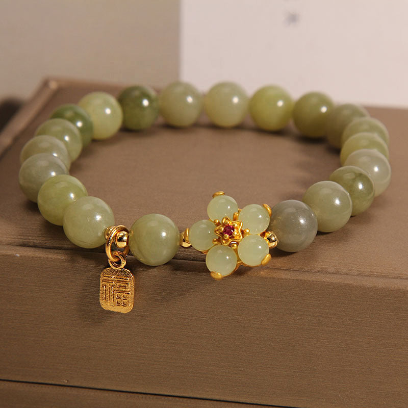 Foviel Grüne Jade Blume Fu Charakter Charme Glück Armband