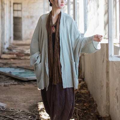 Foviel Einfarbiges Design Lange Ärmel Mantel Zen Meditation Open Front Top Baumwolle Jacke