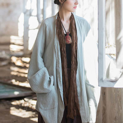 Foviel Einfarbiges Design Lange Ärmel Mantel Zen Meditation Open Front Top Baumwolle Jacke