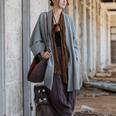 Foviel Einfarbiges Design Lange Ärmel Mantel Zen Meditation Open Front Top Baumwolle Jacke