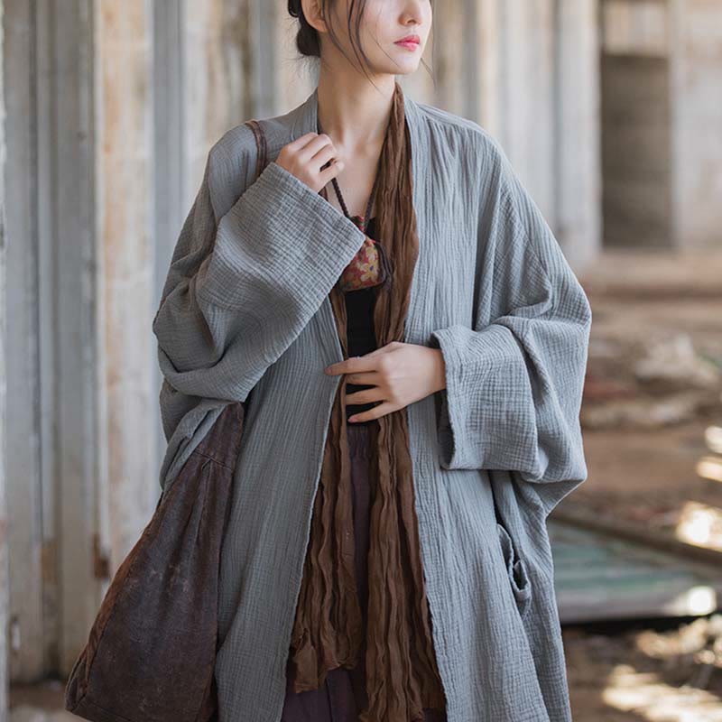 Foviel Einfarbiges Design Lange Ärmel Mantel Zen Meditation Open Front Top Baumwolle Jacke