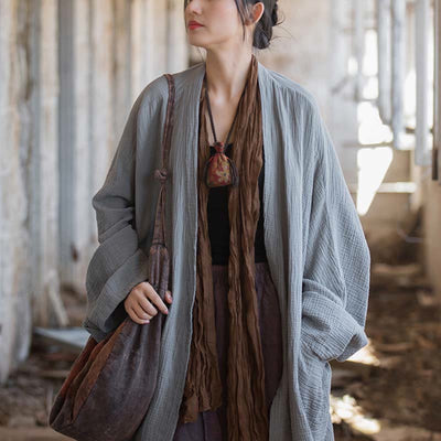 Foviel Einfarbiges Design Lange Ärmel Mantel Zen Meditation Open Front Top Baumwolle Jacke