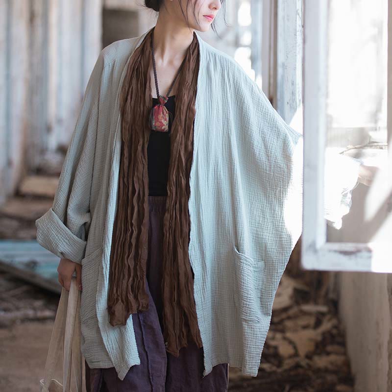 Foviel Einfarbiges Design Lange Ärmel Mantel Zen Meditation Open Front Top Baumwolle Jacke