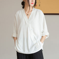 Buddha Stones V-Neck Blouse Women Shirt Long Sleeve Top Chinese Hanfu Style Clothing - White(Bust 128cm)(Top Only) - image 0