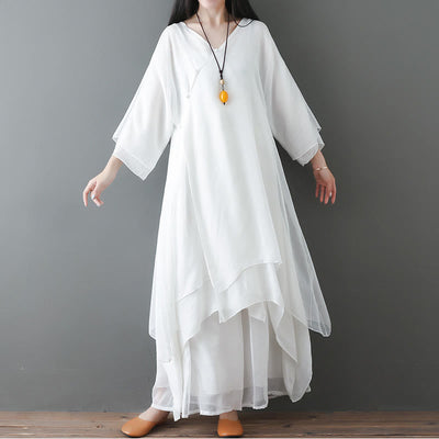 Buddha Stones V-Neck Midi Tunic Dress Wide Leg Pants Meditation Zen Practice Dance Clothing - 2Pcs White(Dress&Pants) - US12，UK/AU16，EU44 (2XL) - image 0