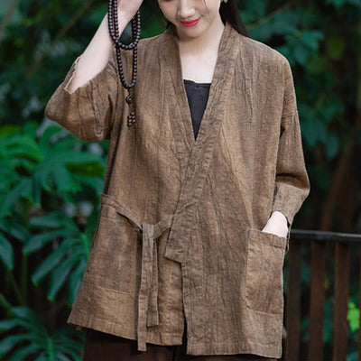 Buddha Stones Hanfu Design Three Quarter Sleeve Ramie Linen Coat Open Front Top Jacket - Brown-US4-8/10，UK/AU8-12/14，EU36-40/42 (F)(Coat Only) - image 13