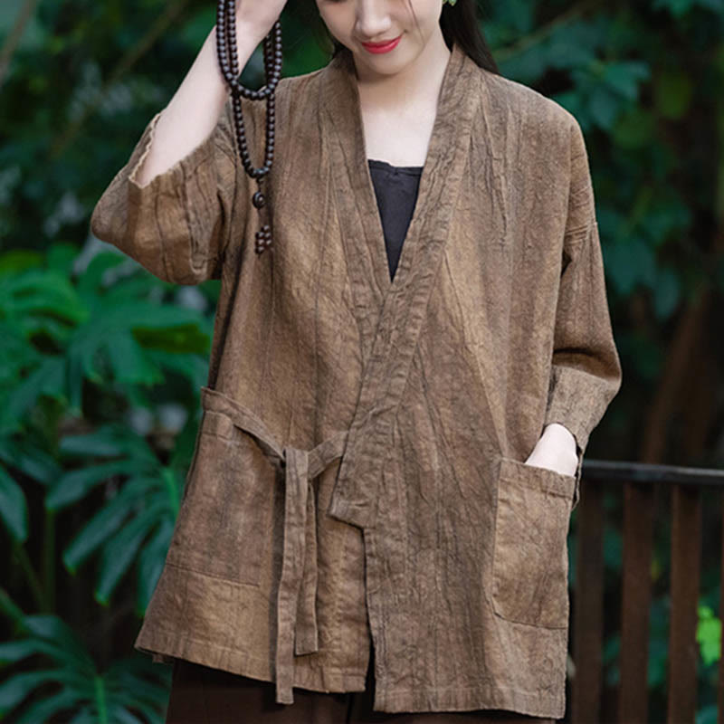 Buddha Stones Hanfu Design Three Quarter Sleeve Ramie Linen Coat Open Front Top Jacket - Brown-US4-8/10，UK/AU8-12/14，EU36-40/42 (F)(Coat Only) - image 13