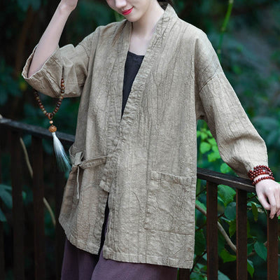 Buddha Stones Hanfu Design Three Quarter Sleeve Ramie Linen Coat Open Front Top Jacket - image 3