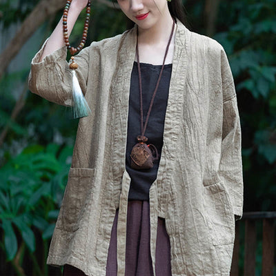 Buddha Stones Hanfu Design Three Quarter Sleeve Ramie Linen Coat Open Front Top Jacket - Beige-US4-8/10，UK/AU8-12/14，EU36-40/42 (F)-(Coat Only) - image 0