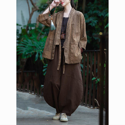Buddha Stones Hanfu Design Three Quarter Sleeve Ramie Linen Coat Open Front Top Jacket - image 23