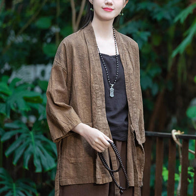 Buddha Stones Hanfu Design Three Quarter Sleeve Ramie Linen Coat Open Front Top Jacket - image 20