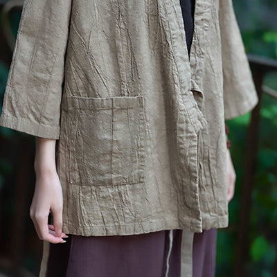 Buddha Stones Hanfu Design Three Quarter Sleeve Ramie Linen Coat Open Front Top Jacket - image 12