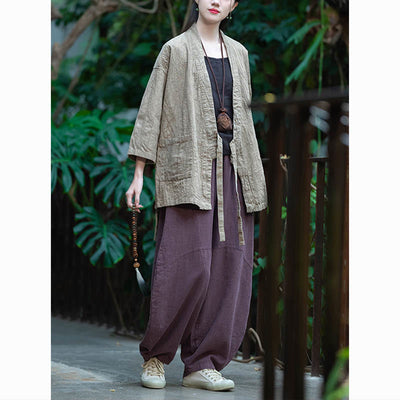 Buddha Stones Hanfu Design Three Quarter Sleeve Ramie Linen Coat Open Front Top Jacket - image 9