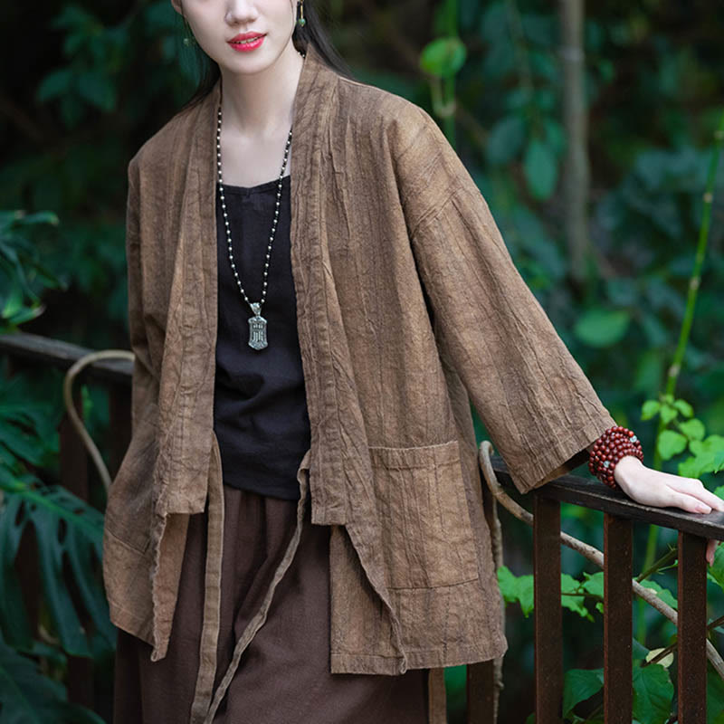 Buddha Stones Hanfu Design Three Quarter Sleeve Ramie Linen Coat Open Front Top Jacket - image 21