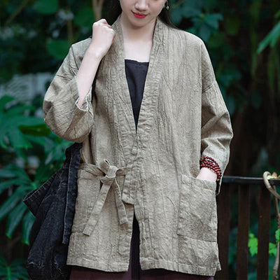 Buddha Stones Hanfu Design Three Quarter Sleeve Ramie Linen Coat Open Front Top Jacket - image 8