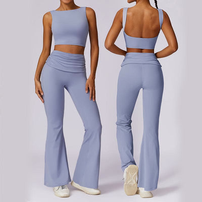 Foviel Sleeveless Backless Strap Tank Top Bra Flared Pants Sports Fitness Yoga