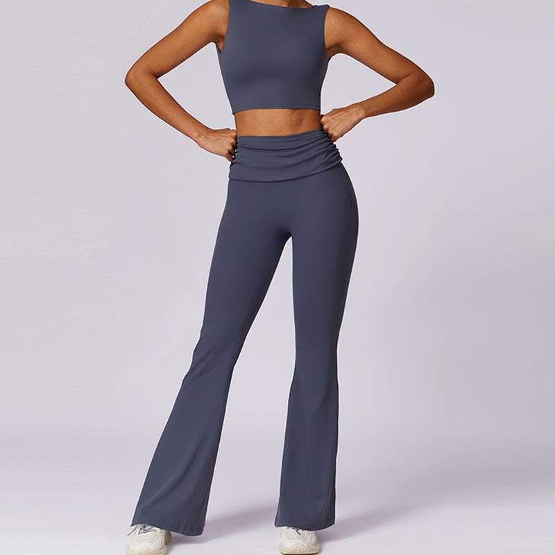 Foviel Sleeveless Backless Strap Tank Top Bra Flared Pants Sports Fitness Yoga