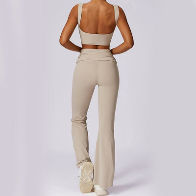 Foviel Sleeveless Backless Strap Tank Top Bra Flared Pants Sports Fitness Yoga
