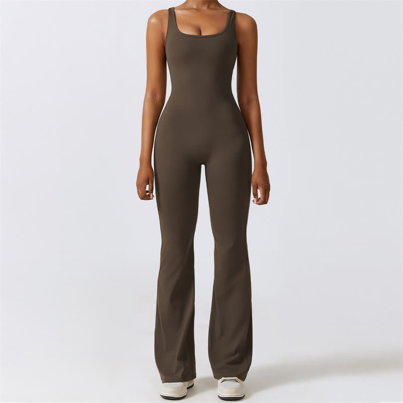 Buddha Stones Women Workout Sleeveless Jumpsuit Flare Pants Sports Fitness Yoga Bodysuit - Brown - US8-10，UK/AU12-14，EU40-42 (XL)  - image 12