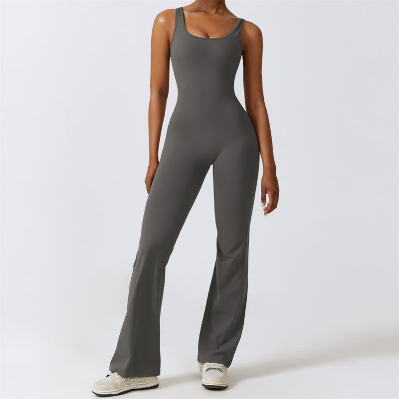 Buddha Stones Women Workout Sleeveless Jumpsuit Flare Pants Sports Fitness Yoga Bodysuit - Gray - US8-10，UK/AU12-14，EU40-42 (XL)  - image 6
