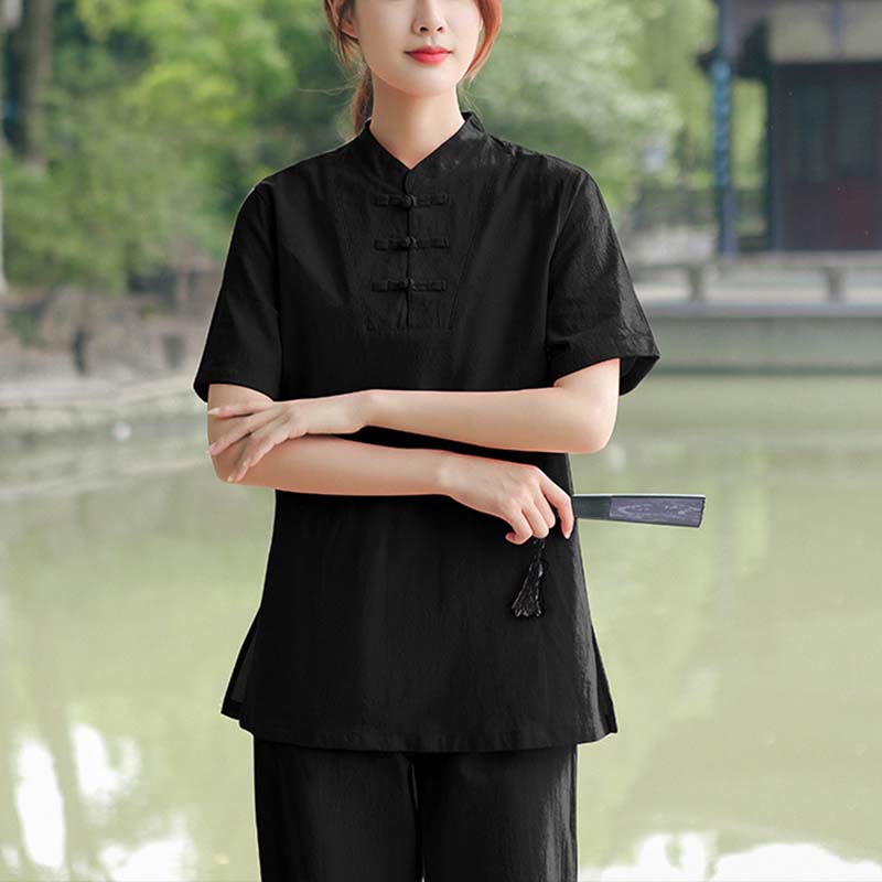 Foviel 2-teilig Damen Kurzarm Hemd Top T-Shirt Hosen Meditation Zen Tai Chi Baumwolle Leinen Bekleidung Set