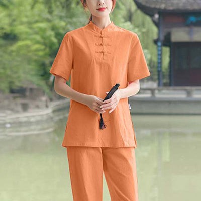 Foviel 2-teilig Damen Kurzarm Hemd Top T-Shirt Hosen Meditation Zen Tai Chi Baumwolle Leinen Bekleidung Set