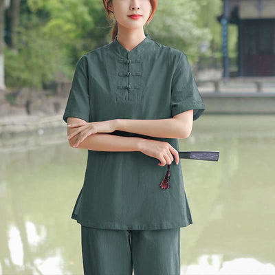 Foviel 2-teilig Damen Kurzarm Hemd Top T-Shirt Hosen Meditation Zen Tai Chi Baumwolle Leinen Bekleidung Set