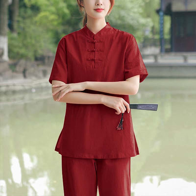 Foviel 2-teilig Damen Kurzarm Hemd Top T-Shirt Hosen Meditation Zen Tai Chi Baumwolle Leinen Bekleidung Set