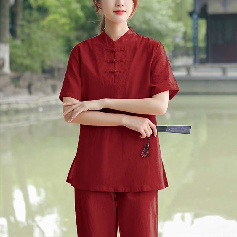 Foviel 2-teilig Damen Kurzarm Hemd Top T-Shirt Hosen Meditation Zen Tai Chi Baumwolle Leinen Bekleidung Set