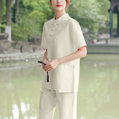 Foviel 2-teilig Damen Kurzarm Hemd Top T-Shirt Hosen Meditation Zen Tai Chi Baumwolle Leinen Bekleidung Set
