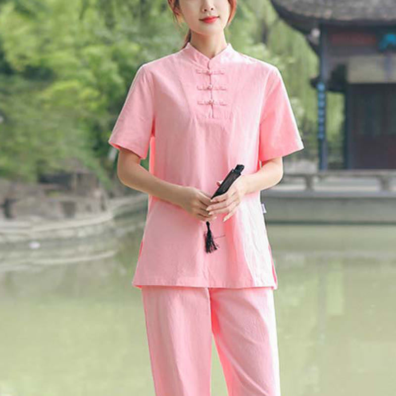 Foviel 2-teilig Damen Kurzarm Hemd Top T-Shirt Hosen Meditation Zen Tai Chi Baumwolle Leinen Bekleidung Set