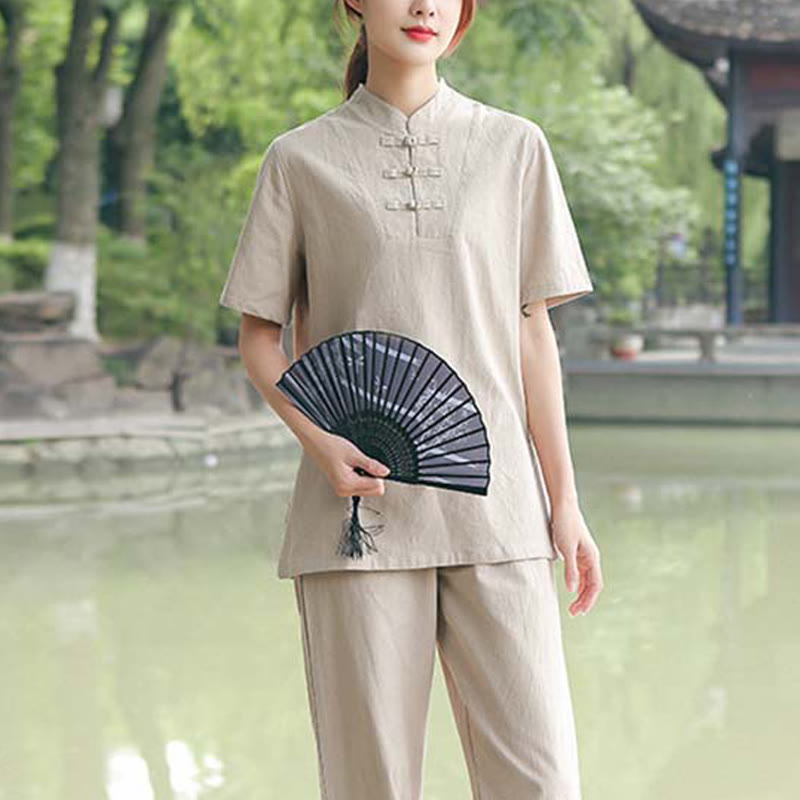 Ensemble Foviel 2 pièces pour femme comprenant un haut à manches courtes et un pantalon, en coton et lin, style méditation, zen et Tai Chi