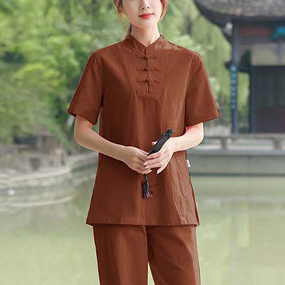 Foviel 2-teilig Damen Kurzarm Hemd Top T-Shirt Hosen Meditation Zen Tai Chi Baumwolle Leinen Bekleidung Set