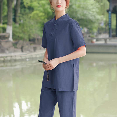 Foviel 2-teilig Damen Kurzarm Hemd Top T-Shirt Hosen Meditation Zen Tai Chi Baumwolle Leinen Bekleidung Set