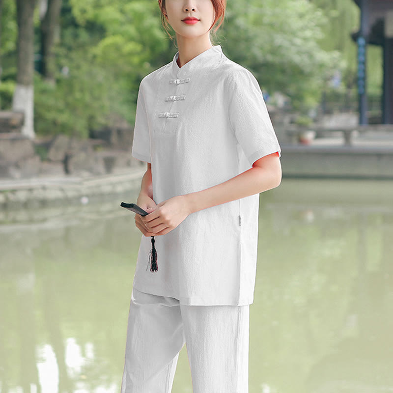 Foviel 2-teilig Damen Kurzarm Hemd Top T-Shirt Hosen Meditation Zen Tai Chi Baumwolle Leinen Bekleidung Set