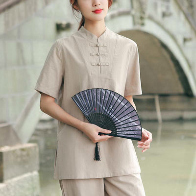 Foviel 2-teilig Damen Kurzarm Hemd Top T-Shirt Hosen Meditation Zen Tai Chi Baumwolle Leinen Bekleidung Set