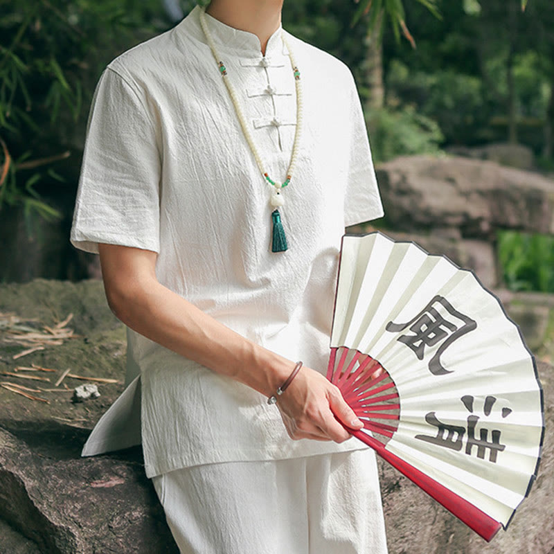 Buddha Stones 2Pcs Men's Short Sleeve Shirt Top T-Shirt Pants Meditation Zen Tai Chi Cotton Linen Clothing Set - White(Top&Pants) - US/UK/AU48，EU58 (6XL) - image 0